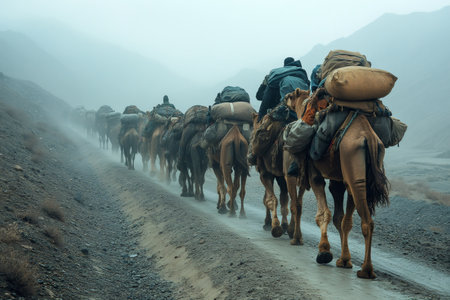 Camels carrying goods along a foggy mountain trailの素材