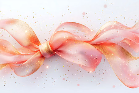 Pink ribbon with golden glitter making a knot on white background, ideal for celebration, party or festive eventsの素材