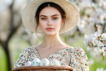 Portrait of a beautiful farmer woman holding a wicker basket with Easter eggs in a blooming orchardの素材