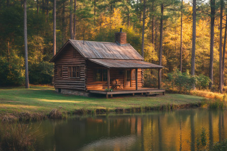 Log cabin by the lake in a beautiful forest during a golden sunset, offering a peaceful retreat in natureの素材
