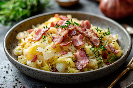 Fried cabbage with crispy bacon and thyme, seasoned with pepper, simple and delicious side dishの素材