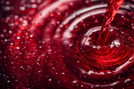 Red liquid pouring and creating ripples and bubblesの素材