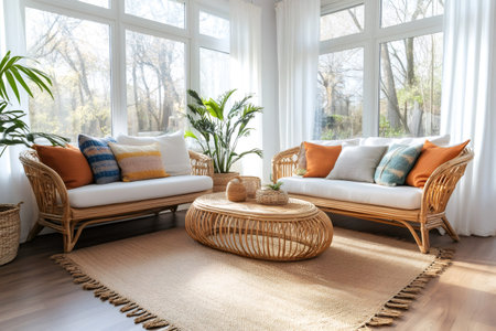Natural light illuminates a stylish living room with rattan furniture, creating a warm and inviting atmosphereの素材