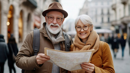 Cheerful senior couple reading map during sightseeing tour in European cityの素材
