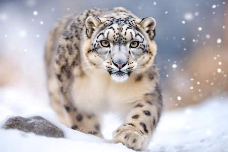 Majestic snow leopard walking through a snowy landscape during a snowfallの素材