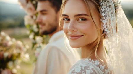Beautiful smiling bride wearing white lace veil looking over her shoulder with blurred groom and floral decorations in backgroundの素材