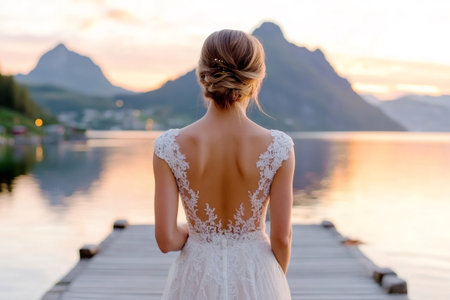 Rear view of elegant bride wearing beautiful white wedding dress standing on pier at sunset in Norwayの素材