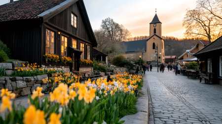 Cobblestone street with tourists walking at sunset in Arild, Sweden, with daffodils blooming in the foregroundの素材