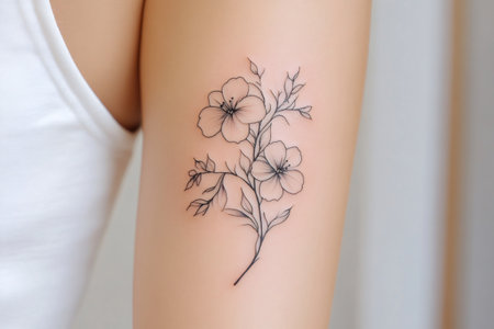 Delicate floral tattoo graces a woman's arm, showcasing an intricate design of blossoming flowers and leavesの素材