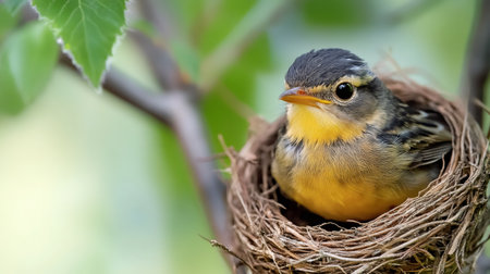 Close-up of a newborn bird resting in its nest on a tree branch, showcasing the beauty of nature and new lifeの素材