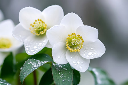 White christmas rose flowers blooming in winter with snow and water drops on petals and leavesの素材