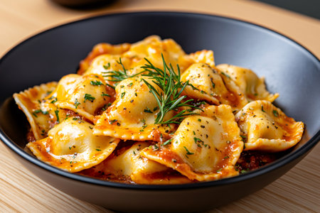 Delicious ravioli pasta with tomato sauce, parmesan and dill, creating an inviting culinary sceneの素材