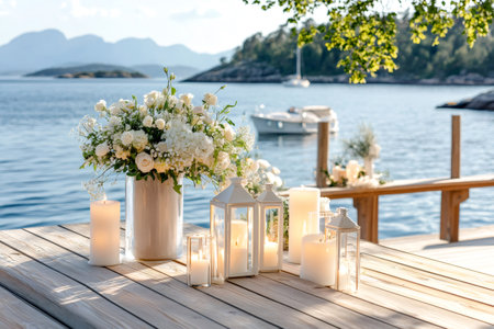 Wedding ceremony decorations with white flowers and candles standing on wooden pier by the seaの素材