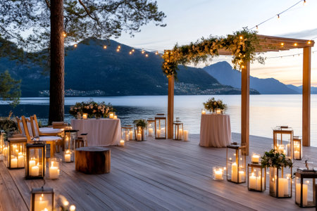 Lanterns and candles illuminating a wedding ceremony venue on a wooden pier over Lake Annecy at sunsetの素材
