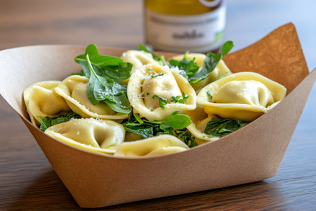 Delicious tortellini with spinach and parmesan, creating a tasty and convenient mealの素材