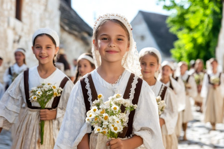 Group of girls wearing traditional clothes holding daisies bouquets during a religious celebrationの素材