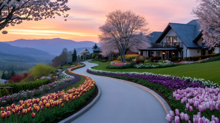 Scenic landscape featuring a winding path leading to a luxurious house, adorned with colorful tulips and cherry blossoms, at sunsetの素材