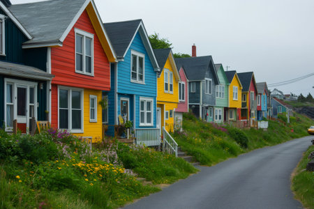 Vibrant houses line a serene, flower-filled streetの素材