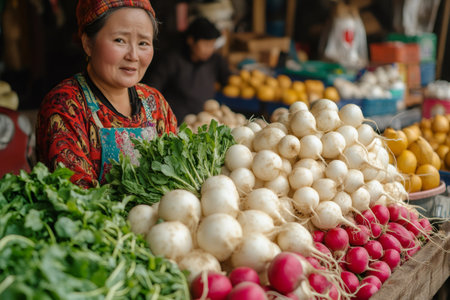 Asian green grocer selling fresh turnips and radishes at local farmers marketの素材