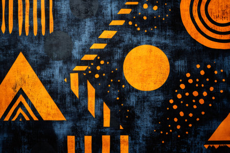 Orange geometric shapes and patterns are painted on a textured black background, creating a modern and abstract designの素材