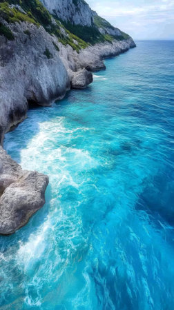 Crystal clear turquoise water gently washing rocky coast in Lefkada, Greeceの素材