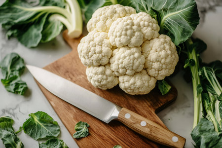 Fresh cauliflower head with green leaves lies on wooden cutting board next to sharp knife, ready for slicing and cookingの素材