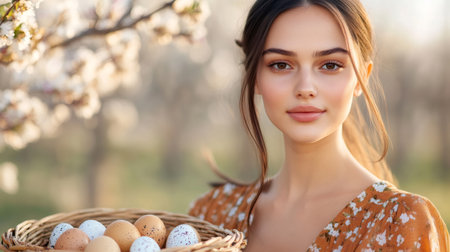Young farmer woman holding basket with fresh eggs in spring blooming orchardの素材