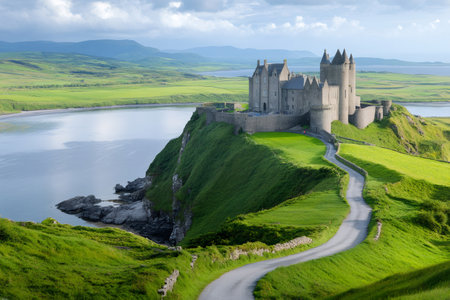 Scenic view of Dunluce Castle standing on a green cliff overlooking the sea in Northern Ireland, United Kingdomの素材