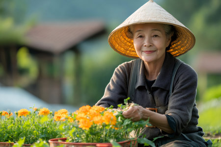 Senior Vietnamese woman gardening in her backyard, wearing traditional conical straw hat and smilingの素材