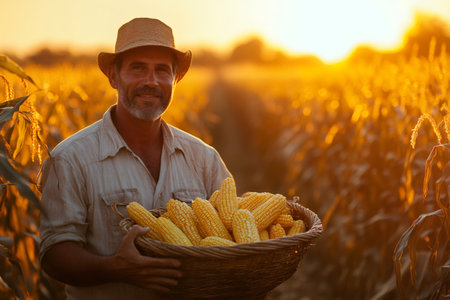 Portrait of a senior farmer holding a basket full of harvested corn cobs in his cultivated cornfield at sunsetの素材