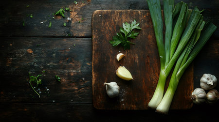 Fresh leeks, garlic cloves and parsley sprigs on a rustic wooden cutting board, ready for cookingの素材