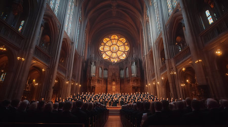Audience listening to choir performing in gothic cathedral during classical music concertの素材