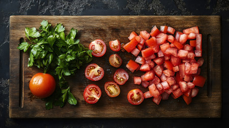 Diced and sliced tomatoes with fresh parsley on a wooden cutting board, ready for cookingの素材