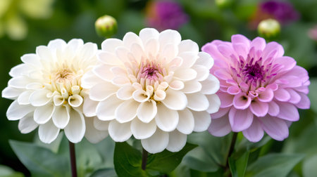 Beautiful dahlia flowers are blooming in a garden, showing off their vibrant colorsの素材
