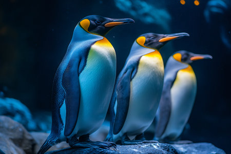 Three king penguins resting on a rock in profile, illuminated by a soft blue lightの素材