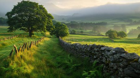 Scenic view of a stone wall crossing green fields with grazing sheep and trees in the Yorkshire Dales National Park during a misty sunriseの素材