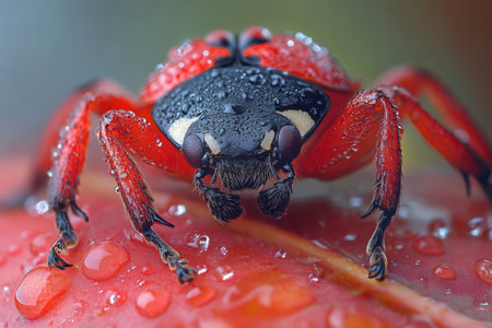 Extreme macro shot of ladybug covered in dew drops standing on red leafの素材