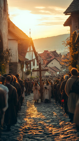 Monks carrying wooden cross during a procession on cobblestone street at sunset in medieval townの素材
