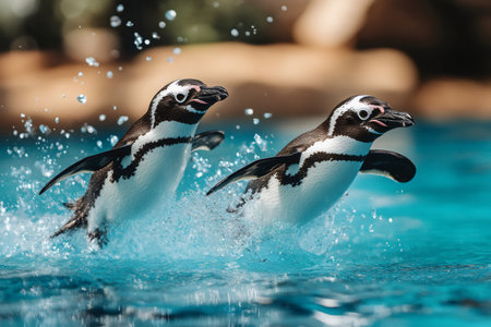 Two humboldt penguins running on water surface making splashesの素材