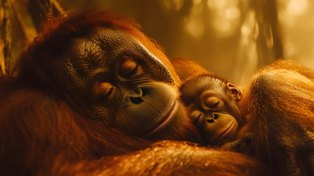 Mother orangutan and her baby sleeping together, enjoying a peaceful moment in their natural habitatの素材