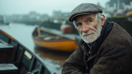 Portrait of senior fisherman with white beard wearing flat cap near boats in harborの素材