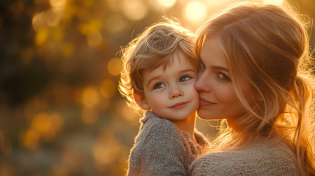 Happy mother and her son are enjoying a quiet moment together at sunset in autumnの素材