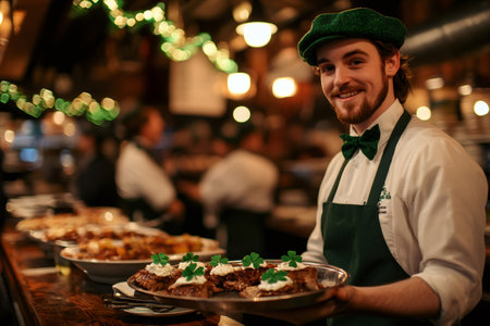 Waiter carrying a tray of food decorated with shamrocks in a restaurant during Saint Patrick's Day celebrationの素材