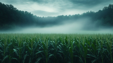 Low fog covering a large cornfield next to a forest under a stormy skyの素材