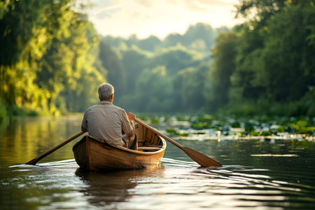 Senior man paddling wooden canoe on river at sunset, enjoying peaceful moment in natureの素材