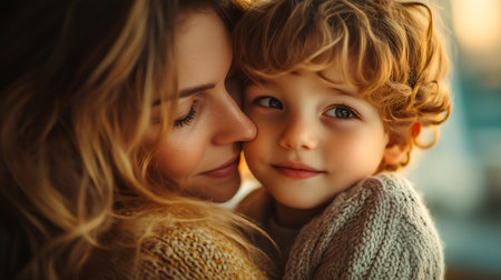 Portrait of a young mother cuddling her toddler son with love and tendernessの素材
