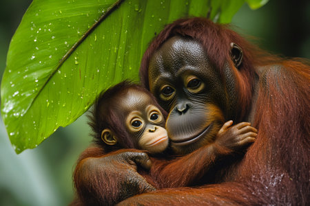 Mother orangutan tenderly holding her baby sheltered by a large leaf in the rainforest, showing a strong bond between mother and childの素材