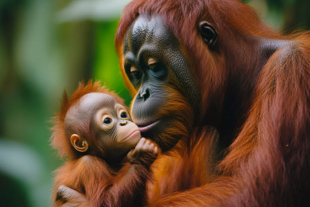 Mother orangutan tenderly kissing her baby in the lush Borneo rainforest, showcasing a heartwarming moment of maternal love and connectionの素材