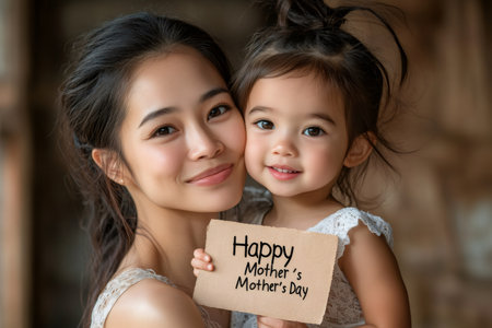 Smiling mother and daughter celebrating mother's day with handmade greeting cardの素材