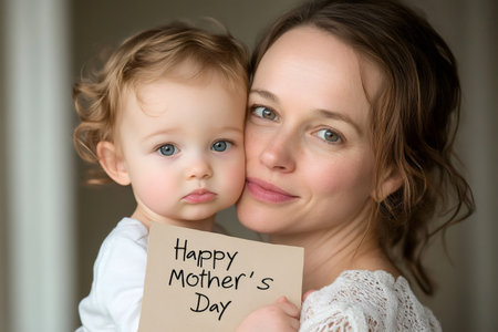 Mother and child showing a greeting card for mother's dayの素材